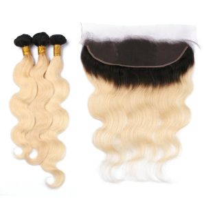 Wefts Wholesale 1B/613 Two Tone Ombre Virgin Hair With Frontal Closure 4Pcs Lot Body Wave Blonde Ombre 13x4 Full Lace Frontal With Bundl