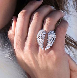 Sparkling Feather Vintage Fashion Jewelry 925 Sterling silver Full Marquise Cut White Topaz CZ Diamond Eternity Wing Wedding Feather Adjustable Ring for women gift