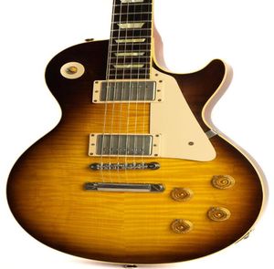 Anpassad butik Joe Perry 1959 Vos bleknade tobaksolbrast Big Fat Flame Maple Top Electric Guitar Cream Body Binding3059280