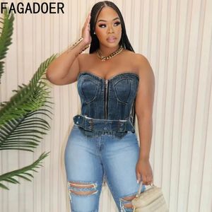 FAGADOER Fashion Streetwear Women Denim Zipper Bandage Off Shoulder Slim Tube Sexy Female Washed Cowboy Sleeveless Backless Tops240416