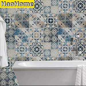HaoHome Blue Tile Wallpaper Peel and Stick Vintage Contact Paper Waterproof Embossed Self Adhesive Removable 240415