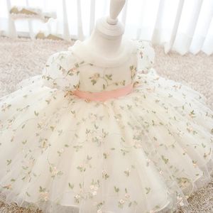 Spädbarnsbåge 1st födelsedag Baby Dress Costumes Flower Brodery Princess Party Wedding For White First Communion 240416