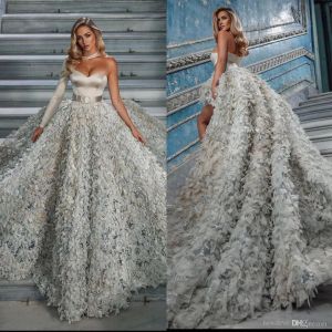 New Ball Gown Wedding Dresses Sexy One Shoulder Lace Appliques Beads Bridal Gowns Custom Made Detachable Train