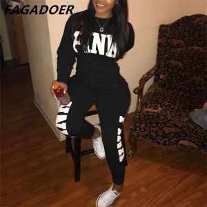 Pants FAGADOER Casual PINK Letter Print Top And Pants Two Piece Sets Fall Winter O Neck Long Sleeve Matching Outfits Female Streetwear