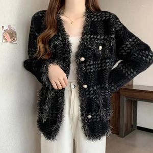 Women's Knits TPJB Autumn Winter Bright Silk Tassel Sweater Coat Women Chic Plaid Knitted Cardigan Pearl Button Warm Soft Mink Jacket Black