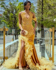 Guld Sparkly Mermaid Prom Birthday Gala Dresses For Black Girl 2024 Luxury Diamond Crystal Slit Evening Ceremony Dress