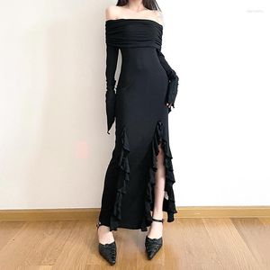 Casual Dresses Women's Dark Waste Soil Wind Off-the-Shoulder Oregelbunden klänning