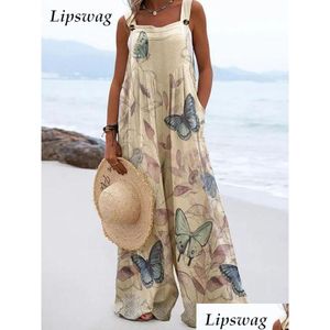 Women'S Jumpsuits & Rompers Womens Summer Spaghetti Straps Loose Overalls Boho Vintage Pattern Print Wide Leg Playsuit Women Casual P Dhqun