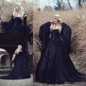 Black Vintage Gothic Wedding Dresses Long Julit Sleeves Straps Corset Lace Hallowen Sweep Train Lace Applique Wedding Gowns