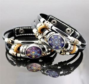 Beaded Strands Mysterious Metatron Cube Multilayer Leather Bracelet Sacred Geometry Flower Of Life Glass Snap Button Bracelets Fo1815034