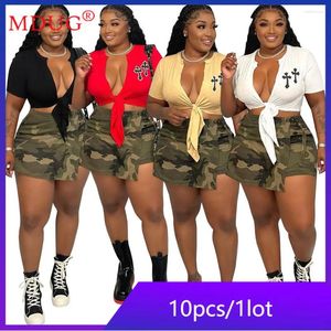 Arbeitskleider 10sets Großhandel Camouflage Rock zweiteilige Kleidersets Bodycon Verband Crop Top Pantskirt Outfit