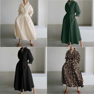 Dresses Casual Spring Autumn Woman Dress Solid Color Leopard Print A-LINE Long Sleeve V-neck Ankle-length Dressescasual casual