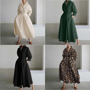 ドレスカジュアル春秋の女性ドレスソリッドカラーヒョウ柄A-Line Long-Sleeve V-Neckankle-Length Dresscasucualカジュアル