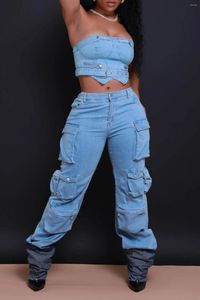 Women's Jeans VAZN 2024 Luxury Designer Young Solid Pocket High-end Daily Overalls Style High Waist Women Denim Long Wide Leg Pants