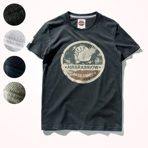 夏の半袖OネックプリントTシャツメンズファッション100％綿洗浄古いゆるいブラシ付き生地大規模カジュアルトップ240412