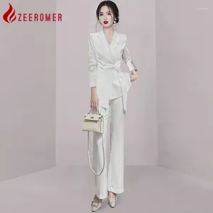 Frauen zweisteuelhafte Hosen Herbst Herbst Elegante weiße Businesshosen Anzug Frauen Langarm Spürhau Blazer Mantel hohe Taille Stifte Fashion 2 Sets