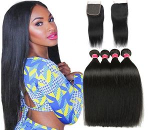 4x4 Lace Closure With Hair Bundles Brazilian Straight Human Hair Extensions With Closure Wet and Wave8034692