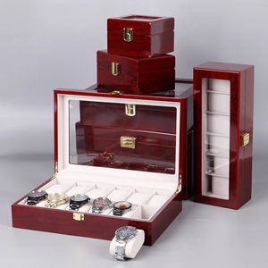 2/3/5/6/10/12 Slots Watch Box Organizer Red Piano With Red Paint Wood Smycken Lagring Fall Män Glass Toppklockor Displayboxar 240416