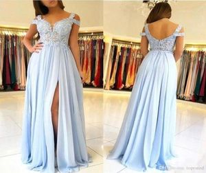 Sky Blue A Line Prom Dresses Lace Capequal Cap Sleeves Side Side Split Length chiffon plus size pageant party go4409473