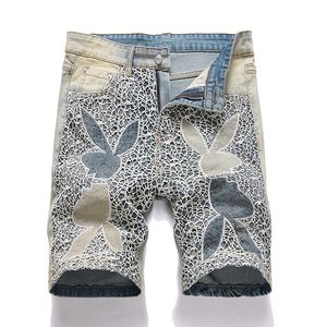 Men's Loose Straight Summer Shorts, Retro Blue Embroidered Mesh Denim Shorts, Mid-waist Trendy Short Pants