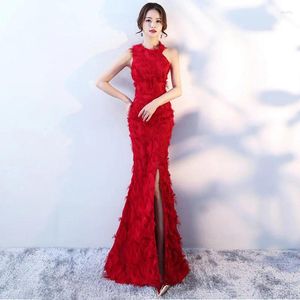 Etnik Giyim Ziyafet Akşam Partisi Elbiseler Moda Fishtail Qipao Uzun Seksi Boyun Asılı Gelinlik Gelin Tost Giysileri Cheongsam