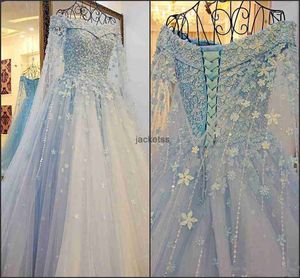 Fairy Sky Blue Romantic Long Sleeve Wedding Dresses Beads Off The Shoulder Vestido De Novia Charming Lace Wedding Gowns