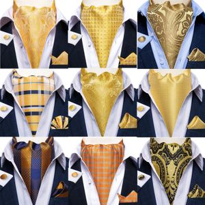 Dibangu Jacquard Cravat 3pcセットイエローペイズリー織りアスコットタイカフリンクスポケットスクエアメンズファッションカジュアルスカーフアクセサリー240418