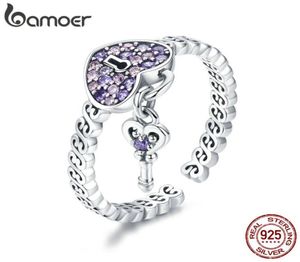 Bamoer äkta 925 Sterling Silver Love Heart Key Purple CZ Finger Rings for Women Wedding Engagement Jewelry Anel SCR4862420109