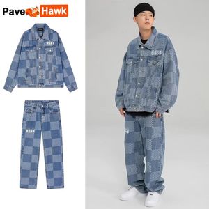 Autumn Jenim Set Men Mulheres Plaid Patchwork Jaqueta de lapela larga Jeans reta de jeans Casual solto de duas peças unissex 240401