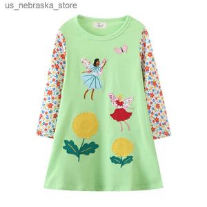 Mädchenkleider springen Meter 2-12t heiß verkauft Prinzessin Ladies Märchen Stickerei Herbst Frühling Kinderkleidung Langarmed Kleid Q240418