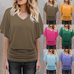 Kvinnors T -skjortor Fashion Top Thin Solid Color V Neck Folded Hem Loose Casual Bekväma Summer Clothing for Women