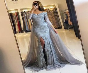 Silver Prom Dresses Sexy Mermaid Evening Gowns Lace Removable Trail Sweep Train Women Formal Party Dress African South Black Girl7168038