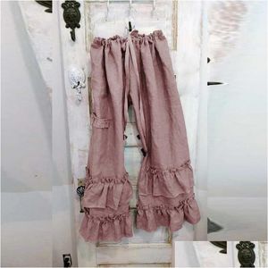 Women'S Pants & Capris Jaycosin Women Plus Size Solid Cotton Linen Folds Casual Ruffled Loose Pocket Fl Length Dstring Pockets 211115 Dhyxr