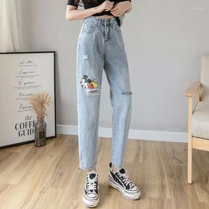 Jeans femininos Y2K Spring e Summer Cartoon Padrão rasgou estudantes da cintura alta emagrecendo calças de harém de nove pontos