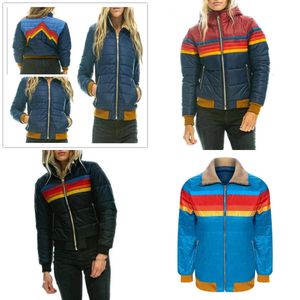 Rainbow Stripe Printed Thin Hooded Jacket Women Winter Cotton Parka för plusstorlek.