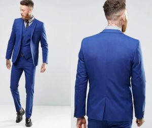 Tuxedos blå färg mild man tuxedo passar riktig bild stilig brudgum kostar en knapp smal passform bröllop kostym för män (jacka+byxor+väst) hy