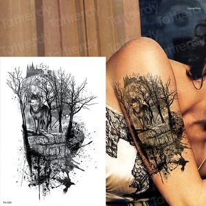 Temporäre Tattoos wasserdichte Männer Tattoo Wald Wolf Schwarz großer Tatoo für Jungen Arm Brust Körperkunst 2024 Big