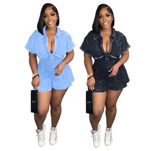 Designer Summer Jumpsuits Women Short Sleeve Rompers Casual Wid Down Collar Overalls Fashion Tie Dye Cargo Shorts Wholesale Clothes 10984
