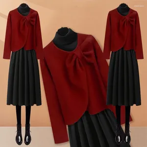 Vestidos de trabalho outono elegante estilo gentil roupas femininas 2024 VINHO VINHO VINHO RED CUSTO DO CUSHO DE PECHADO ALTO DO GOLE