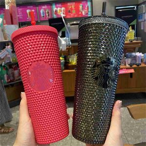 water bottle Starbucks Cold Mugs with Studded Godness 24oz 710ml Tumbr Doub Wall Matte Plastic Coffee Cups With Straw Rsab Car Drinki297d