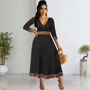 Casual Dresses 2024 för kvinnor Tribal Print V-ringning 3/4 Sleeve Dress Estidos de Mujer Elegant Maxi Robe Female