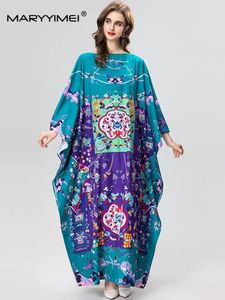 Lässige Kleider Maryyimei Mode Runway Designer Kleid Frauen runder Kragen Fledermaushülle abstrakt natürliche Muster Druck Blau Lose