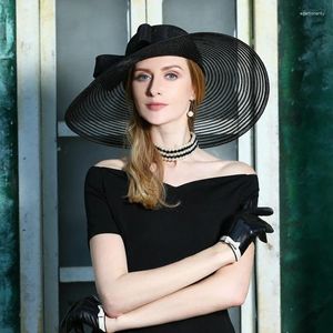 BERETS LADY LINEN FEDORAS HAT Summer Royal Sapphire Blue Large Brim Wedding With For Women Bowknot Elegant Party Hats B-8185