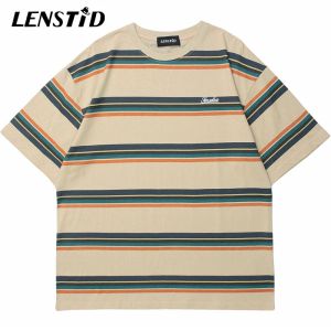 Magliette lenstid uomini estivi a manica corta magliette hip hop stampato a strisce di base magliette di base haruku streetwear moda cotone top di cotone casual magliette