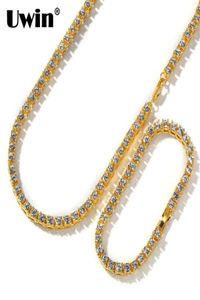 Uwin 1 Row Tennis Chains Bracelet Fashion Hiphop Jewelry Set Gold White Gold 5 -миллиметровое ожерелье Полное ожерелье для мужчин. Женщины Y200605376387