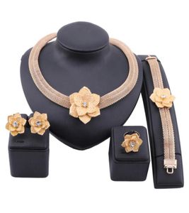 Afrikanische Goldfarbe Blumenschmuck Sets für Frauen Brauthochzeitsgeschenke Party Halskette Ohrringe Ring Set S Arabien Jewellery3577461