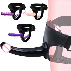 Dubbel penis Dual Ended Strapon Ultra Elastic Harness Belt Rem på dildo Vuxna sexiga leksaker för kvinnliga par anal mjuk
