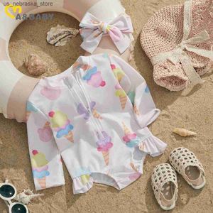 One-Pieces Ma baby 0-24M newborn baby swimsuit womens swimsuit long sleeved swimsuit ice printed zippered swimsuit Q240418