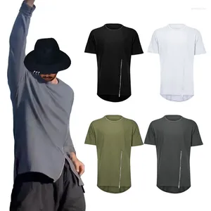 Men's T Shirts Men Tshirt Casual Solid Color T-shirt Back Curved Hemline Short Sleeve Mens Bust Zipper Hip Hop Male Streetwear Clothes