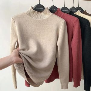 Tröjor Y2k Turtleneck Slim Sticke Pullovers Fashion Clothes Woman 2021 Winter Sweater Casual Fleece Fodrad varm stickad basskjorta